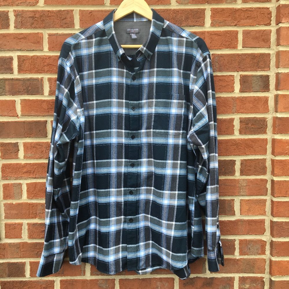 Van Heusen Flex Dress Shirt Long Sleeve Navy Plaid Men's XL